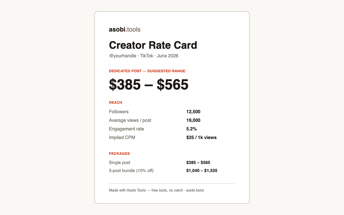 Creator rate card example with sponsorship price range generated free by the Asobi Tools brand deal rate calculator