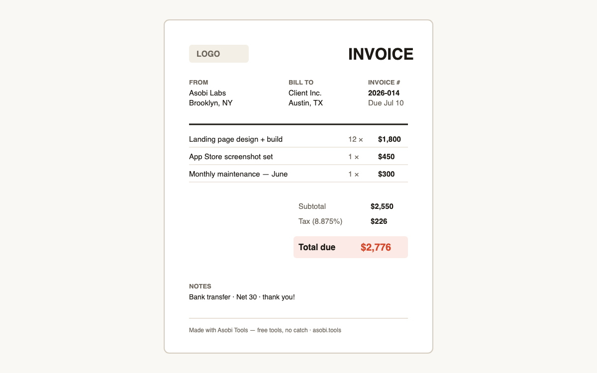 Professional PDF invoice example with logo, line items and tax created free with the Asobi Tools invoice generator