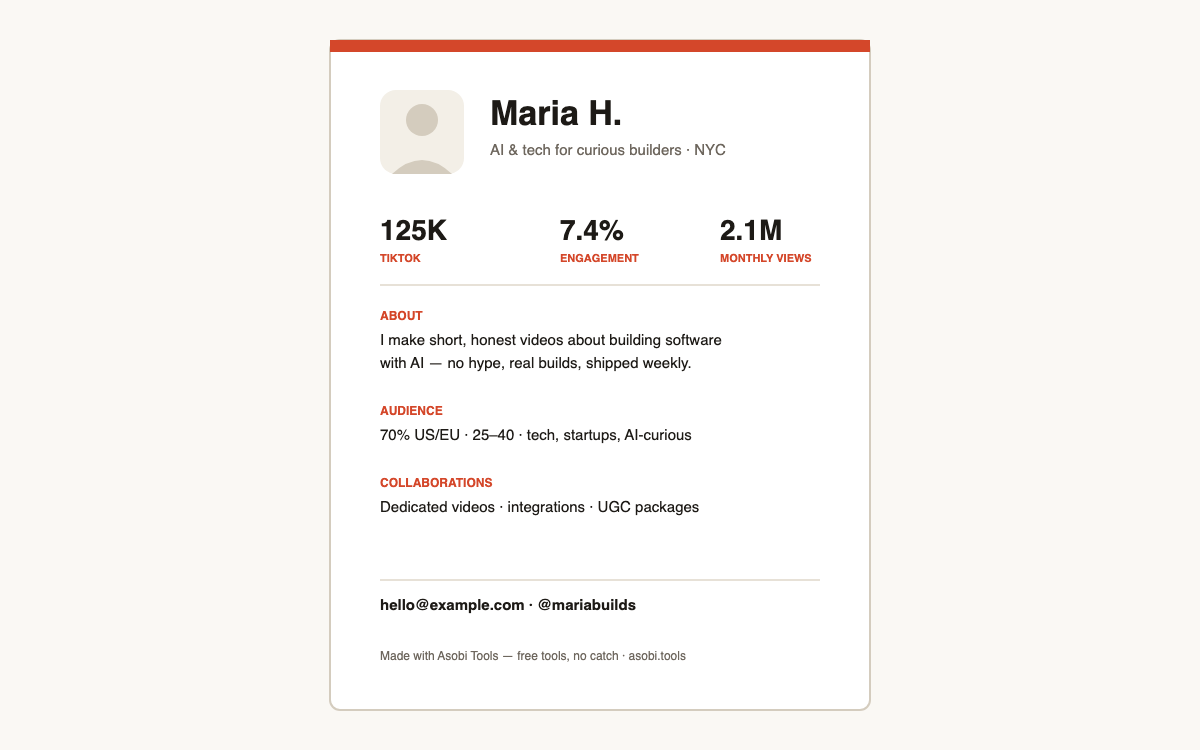 One-page influencer media kit example created free with the Asobi Tools media kit generator