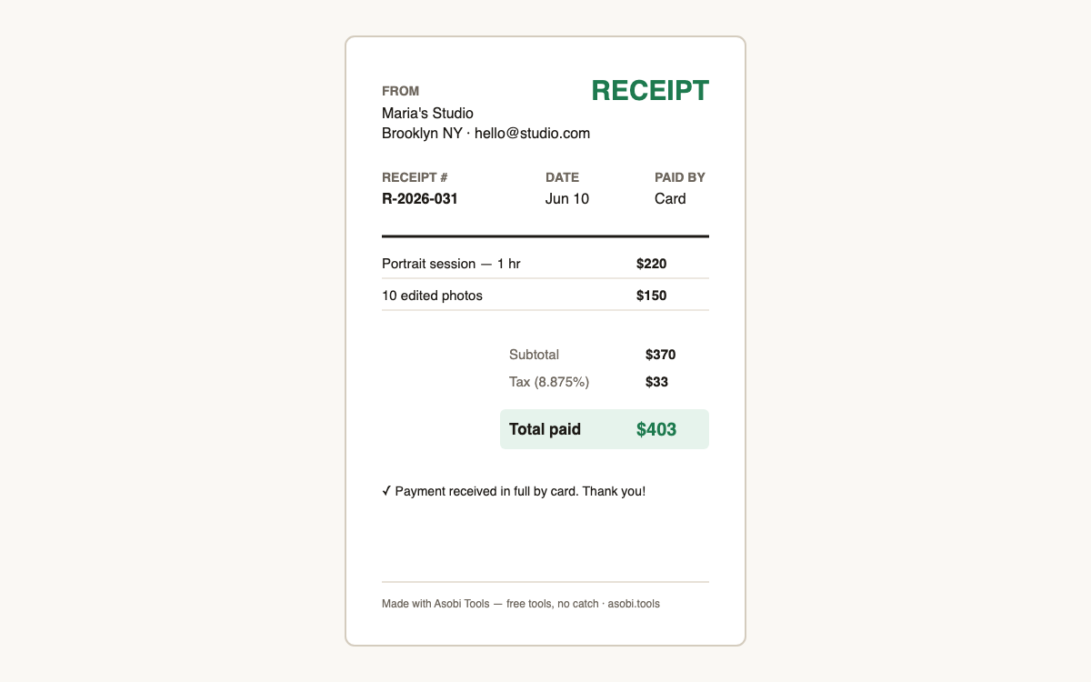 Clean PDF receipt example with items, tax and payment method created free with the Asobi Tools receipt maker