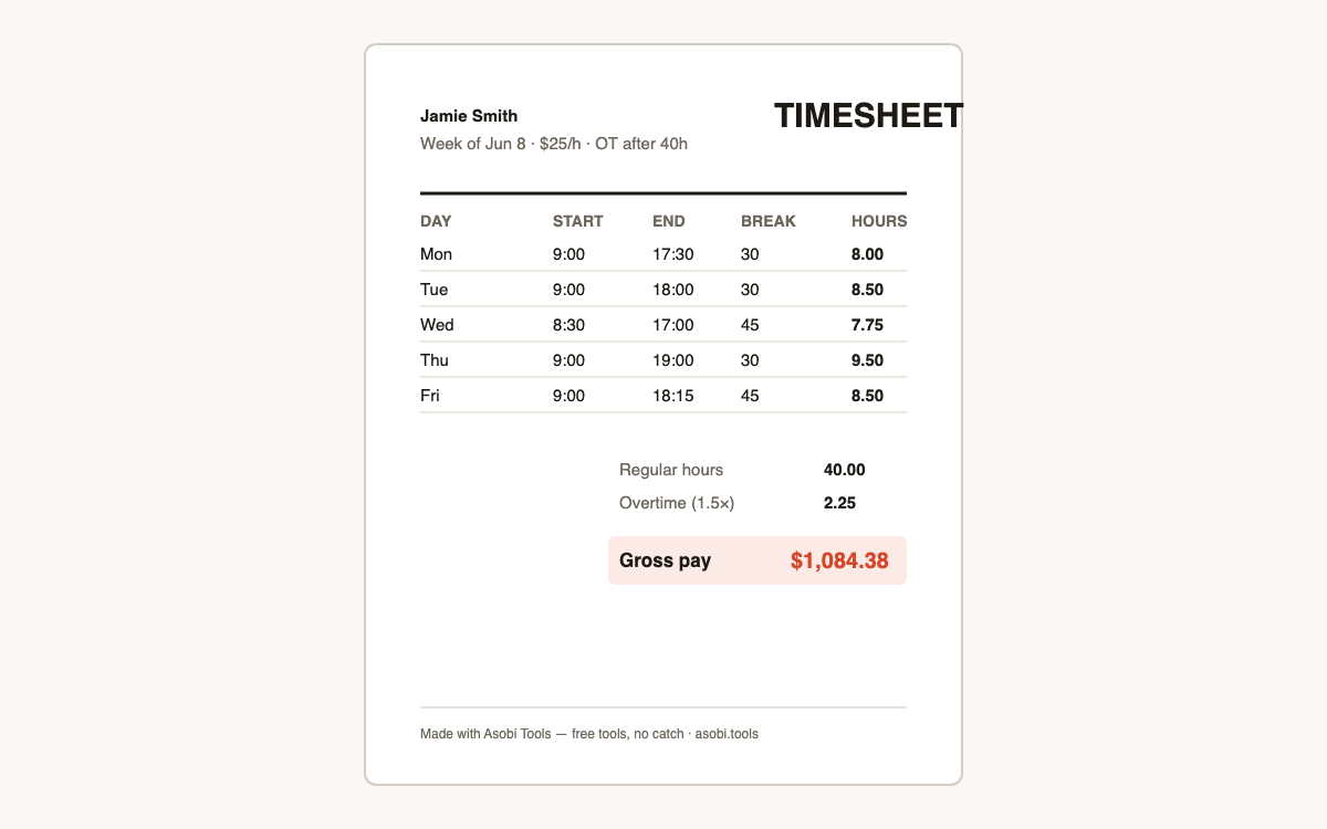 Weekly timesheet PDF example with daily hours, overtime and total pay created free with the Asobi Tools time card calculator